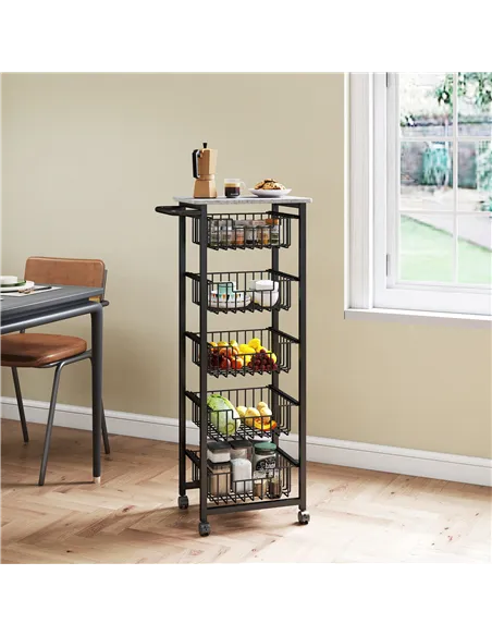 HOMCOM Five Basket Mobile Kitchen Island, with Brakes - Grey/Black