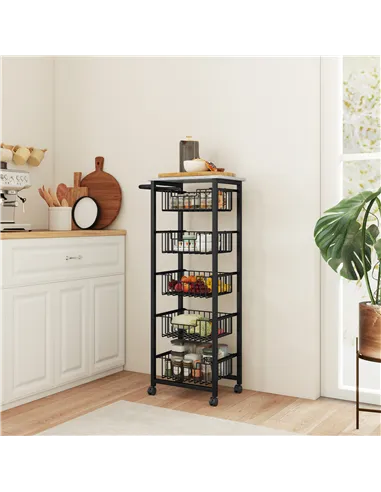 HOMCOM Five Basket Mobile Kitchen Island, with Brakes - Grey/Black