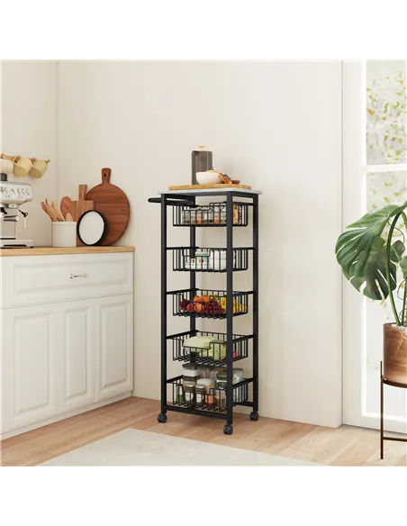 HOMCOM Five Basket Mobile Kitchen Island, with Brakes - Grey/Black