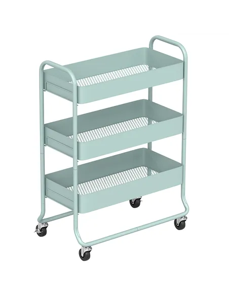 HOMCOM 3-Tier Storage Trolley on Wheels, Rolling Utility Cart with Mesh Backets for Kitchen, Bathroom, Bedroom, Light Green