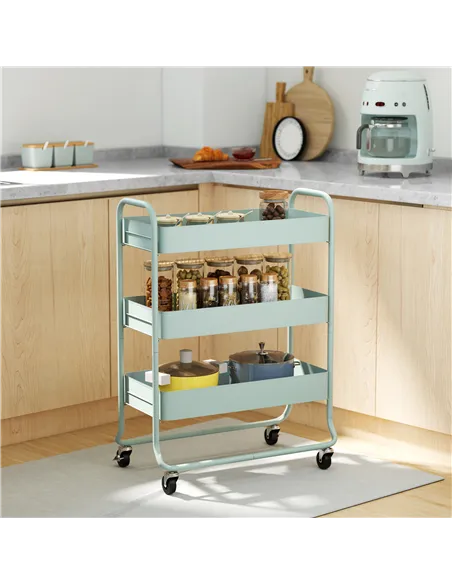 HOMCOM 3-Tier Storage Trolley on Wheels, Rolling Utility Cart with Mesh Backets for Kitchen, Bathroom, Bedroom, Light Green