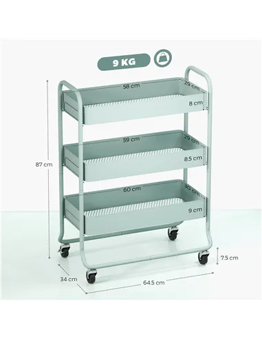 HOMCOM 3-Tier Storage Trolley on Wheels, Rolling Utility Cart with Mesh Backets for Kitchen, Bathroom, Bedroom, Light Green