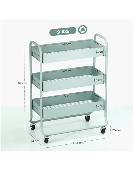 HOMCOM 3-Tier Storage Trolley on Wheels, Rolling Utility Cart with Mesh Backets for Kitchen, Bathroom, Bedroom, Light Green