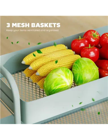 HOMCOM 3-Tier Storage Trolley on Wheels, Rolling Utility Cart with Mesh Backets for Kitchen, Bathroom, Bedroom, Light Green