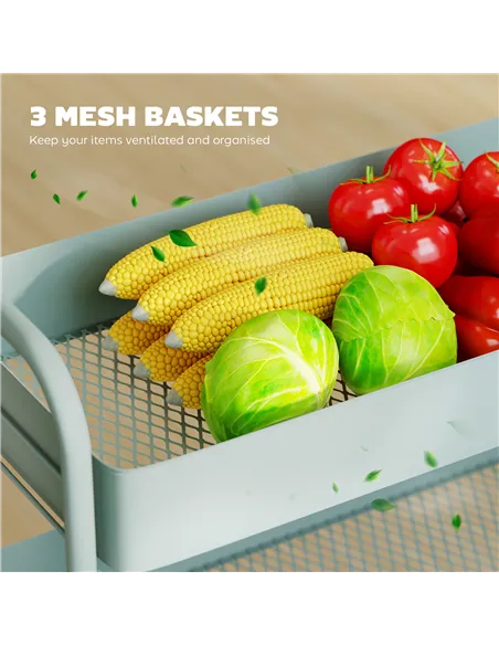 HOMCOM 3-Tier Storage Trolley on Wheels, Rolling Utility Cart with Mesh Backets for Kitchen, Bathroom, Bedroom, Light Green