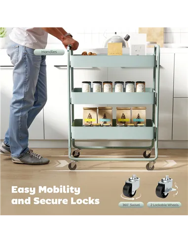HOMCOM 3-Tier Storage Trolley on Wheels, Rolling Utility Cart with Mesh Backets for Kitchen, Bathroom, Bedroom, Light Green