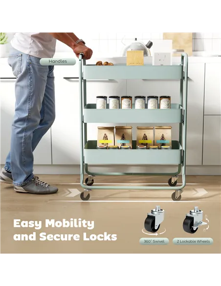 HOMCOM 3-Tier Storage Trolley on Wheels, Rolling Utility Cart with Mesh Backets for Kitchen, Bathroom, Bedroom, Light Green
