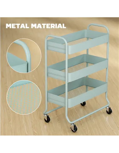HOMCOM 3-Tier Storage Trolley on Wheels, Rolling Utility Cart with Mesh Backets for Kitchen, Bathroom, Bedroom, Light Green