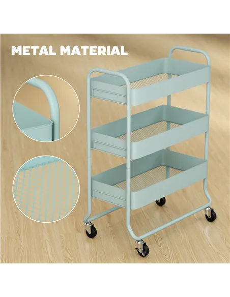 HOMCOM 3-Tier Storage Trolley on Wheels, Rolling Utility Cart with Mesh Backets for Kitchen, Bathroom, Bedroom, Light Green