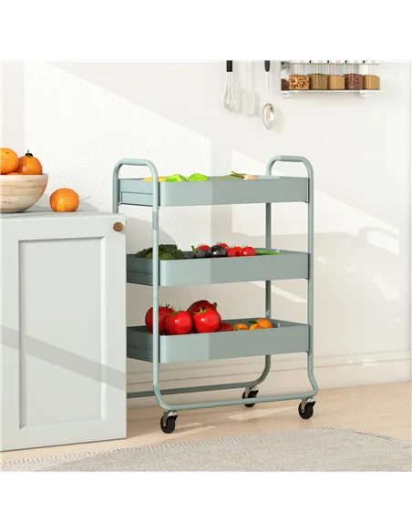HOMCOM 3-Tier Storage Trolley on Wheels, Rolling Utility Cart with Mesh Backets for Kitchen, Bathroom, Bedroom, Light Green