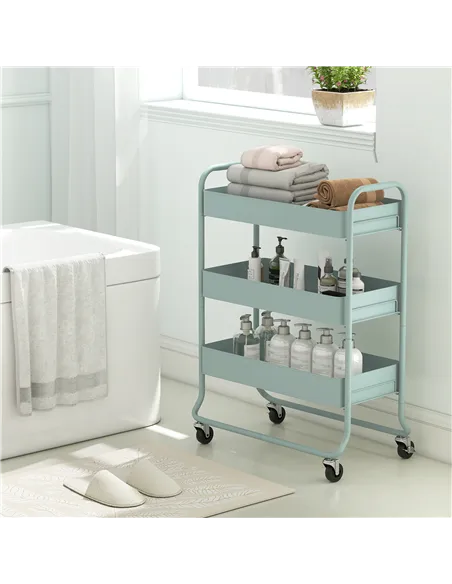 HOMCOM 3-Tier Storage Trolley on Wheels, Rolling Utility Cart with Mesh Backets for Kitchen, Bathroom, Bedroom, Light Green