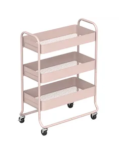 HOMCOM 3-Tier Storage Trolley on Wheels, Rolling Utility Cart with Mesh Backets for Kitchen, Bathroom, Bedroom, Light Pink