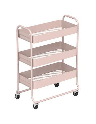 HOMCOM 3-Tier Storage Trolley on Wheels, Rolling Utility Cart with Mesh Backets for Kitchen, Bathroom, Bedroom, Light Pink
