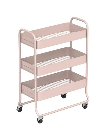 HOMCOM 3-Tier Storage Trolley on Wheels, Rolling Utility Cart with Mesh Backets for Kitchen, Bathroom, Bedroom, Light Pink
