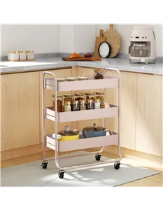 HOMCOM 3-Tier Storage Trolley on Wheels, Rolling Utility Cart with Mesh Backets for Kitchen, Bathroom, Bedroom, Light Pink 2