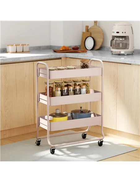 HOMCOM 3-Tier Storage Trolley on Wheels, Rolling Utility Cart with Mesh Backets for Kitchen, Bathroom, Bedroom, Light Pink