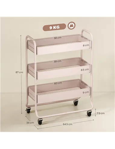 HOMCOM 3-Tier Storage Trolley on Wheels, Rolling Utility Cart with Mesh Backets for Kitchen, Bathroom, Bedroom, Light Pink