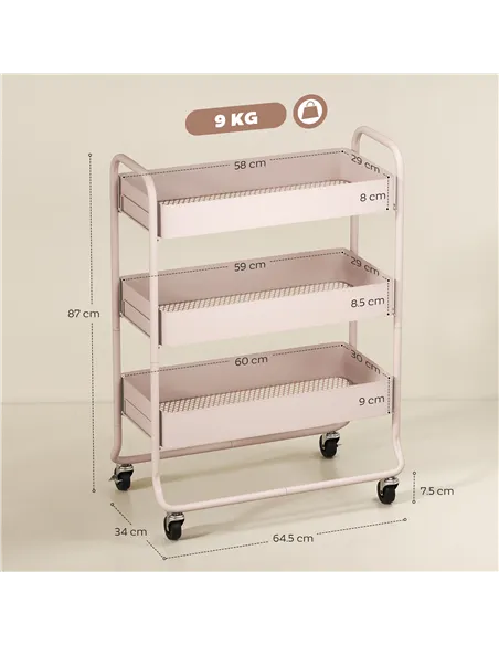 HOMCOM 3-Tier Storage Trolley on Wheels, Rolling Utility Cart with Mesh Backets for Kitchen, Bathroom, Bedroom, Light Pink
