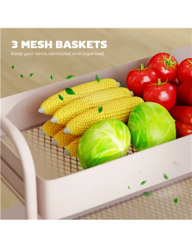 HOMCOM 3-Tier Storage Trolley on Wheels, Rolling Utility Cart with Mesh Backets for Kitchen, Bathroom, Bedroom, Light Pink