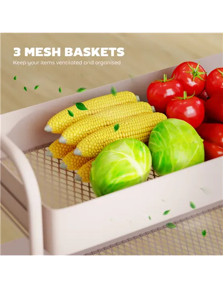 HOMCOM 3-Tier Storage Trolley on Wheels, Rolling Utility Cart with Mesh Backets for Kitchen, Bathroom, Bedroom, Light Pink