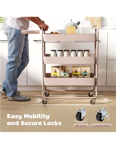 HOMCOM 3-Tier Storage Trolley on Wheels, Rolling Utility Cart with Mesh Backets for Kitchen, Bathroom, Bedroom, Light Pink