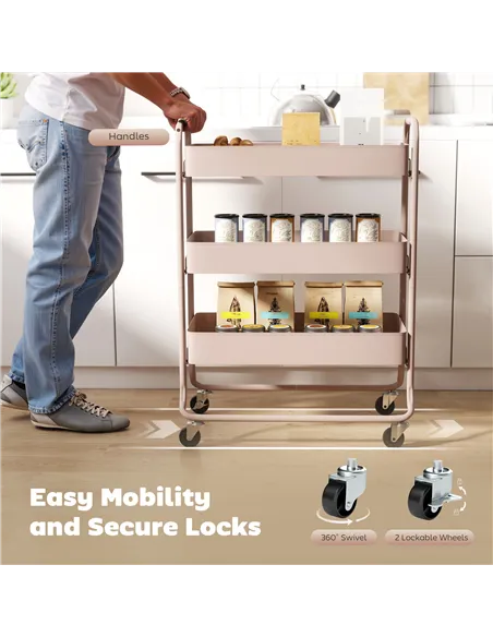 HOMCOM 3-Tier Storage Trolley on Wheels, Rolling Utility Cart with Mesh Backets for Kitchen, Bathroom, Bedroom, Light Pink