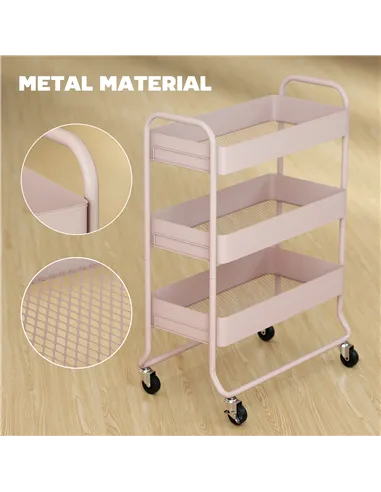 HOMCOM 3-Tier Storage Trolley on Wheels, Rolling Utility Cart with Mesh Backets for Kitchen, Bathroom, Bedroom, Light Pink