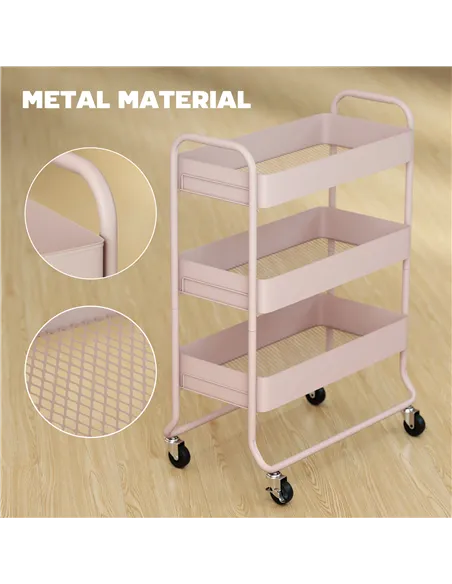 HOMCOM 3-Tier Storage Trolley on Wheels, Rolling Utility Cart with Mesh Backets for Kitchen, Bathroom, Bedroom, Light Pink