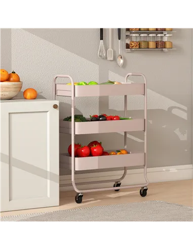 HOMCOM 3-Tier Storage Trolley on Wheels, Rolling Utility Cart with Mesh Backets for Kitchen, Bathroom, Bedroom, Light Pink