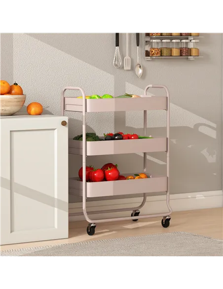 HOMCOM 3-Tier Storage Trolley on Wheels, Rolling Utility Cart with Mesh Backets for Kitchen, Bathroom, Bedroom, Light Pink