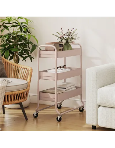 HOMCOM 3-Tier Storage Trolley on Wheels, Rolling Utility Cart with Mesh Backets for Kitchen, Bathroom, Bedroom, Light Pink