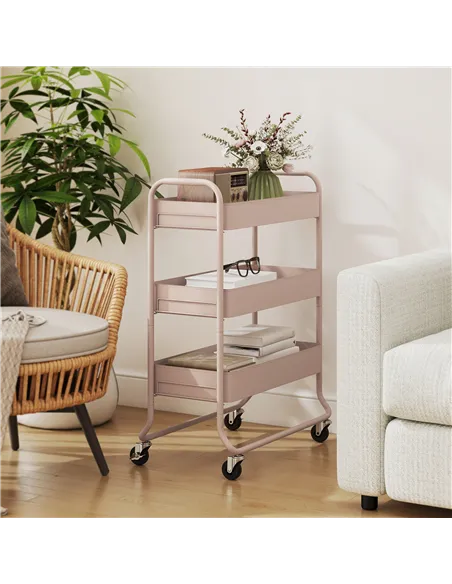 HOMCOM 3-Tier Storage Trolley on Wheels, Rolling Utility Cart with Mesh Backets for Kitchen, Bathroom, Bedroom, Light Pink