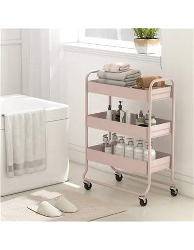 HOMCOM 3-Tier Storage Trolley on Wheels, Rolling Utility Cart with Mesh Backets for Kitchen, Bathroom, Bedroom, Light Pink