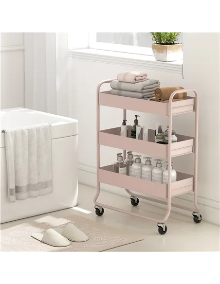 HOMCOM 3-Tier Storage Trolley on Wheels, Rolling Utility Cart with Mesh Backets for Kitchen, Bathroom, Bedroom, Light Pink