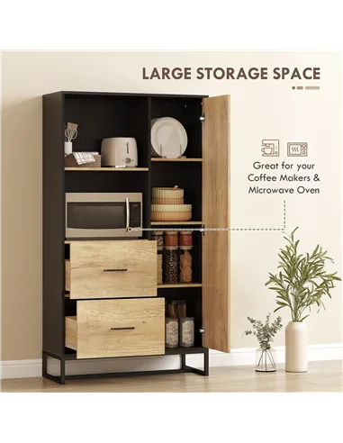 HOMCOM Tall Kitchen Cupboard, Freestanding Kitchen Pantry Cabinet with Adjustable Shelves, Drawers and Soft Close Door, 160cm