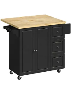 HOMCOM Kitchen Island on Wheels, Rolling Kitchen Storage Trolley with Drop Leaf, Drawers, Towel and Spice Rack, Black