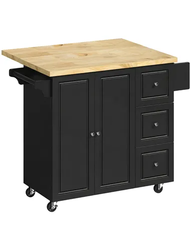 HOMCOM Kitchen Island on Wheels, Rolling Kitchen Storage Trolley with Drop Leaf, Drawers, Towel and Spice Rack, Black