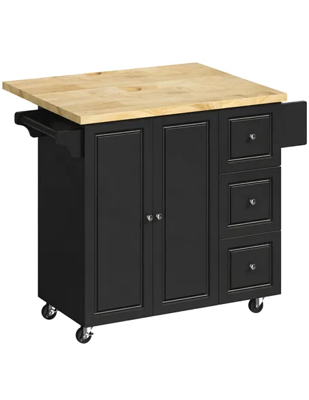 HOMCOM Kitchen Island on Wheels, Rolling Kitchen Storage Trolley with Drop Leaf, Drawers, Towel and Spice Rack, Black