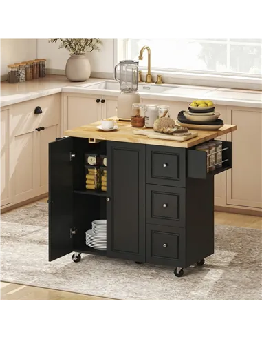 HOMCOM Kitchen Island on Wheels, Rolling Kitchen Storage Trolley with Drop Leaf, Drawers, Towel and Spice Rack, Black