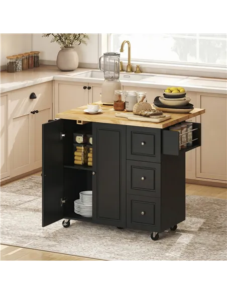 HOMCOM Kitchen Island on Wheels, Rolling Kitchen Storage Trolley with Drop Leaf, Drawers, Towel and Spice Rack, Black