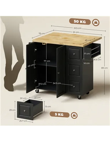 HOMCOM Kitchen Island on Wheels, Rolling Kitchen Storage Trolley with Drop Leaf, Drawers, Towel and Spice Rack, Black