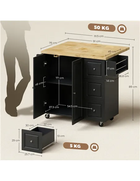 HOMCOM Kitchen Island on Wheels, Rolling Kitchen Storage Trolley with Drop Leaf, Drawers, Towel and Spice Rack, Black