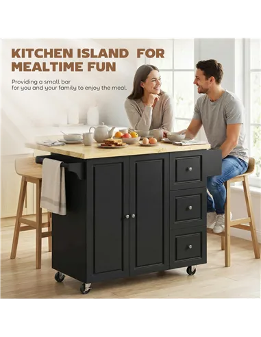 HOMCOM Kitchen Island on Wheels, Rolling Kitchen Storage Trolley with Drop Leaf, Drawers, Towel and Spice Rack, Black