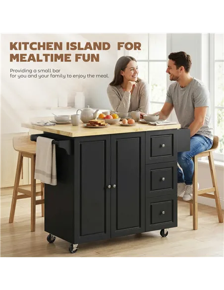 HOMCOM Kitchen Island on Wheels, Rolling Kitchen Storage Trolley with Drop Leaf, Drawers, Towel and Spice Rack, Black