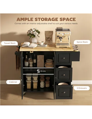 HOMCOM Kitchen Island on Wheels, Rolling Kitchen Storage Trolley with Drop Leaf, Drawers, Towel and Spice Rack, Black