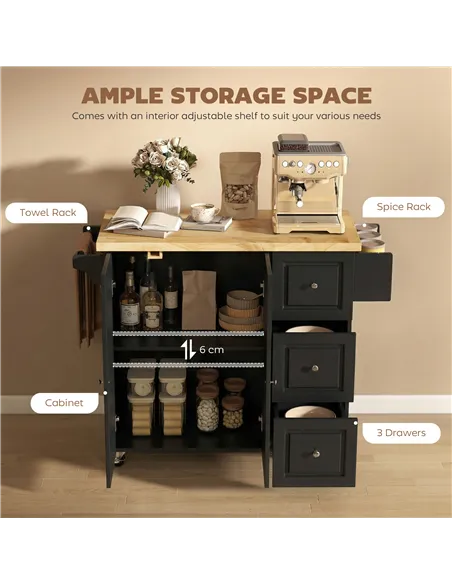 HOMCOM Kitchen Island on Wheels, Rolling Kitchen Storage Trolley with Drop Leaf, Drawers, Towel and Spice Rack, Black