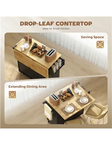 HOMCOM Kitchen Island on Wheels, Rolling Kitchen Storage Trolley with Drop Leaf, Drawers, Towel and Spice Rack, Black