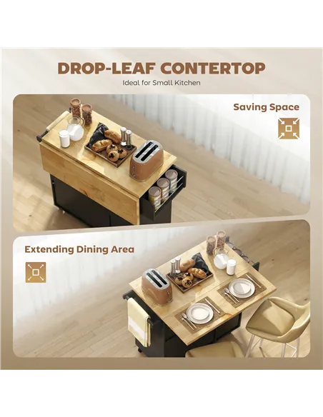 HOMCOM Kitchen Island on Wheels, Rolling Kitchen Storage Trolley with Drop Leaf, Drawers, Towel and Spice Rack, Black