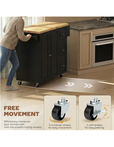 HOMCOM Kitchen Island on Wheels, Rolling Kitchen Storage Trolley with Drop Leaf, Drawers, Towel and Spice Rack, Black