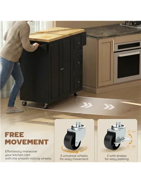 HOMCOM Kitchen Island on Wheels, Rolling Kitchen Storage Trolley with Drop Leaf, Drawers, Towel and Spice Rack, Black